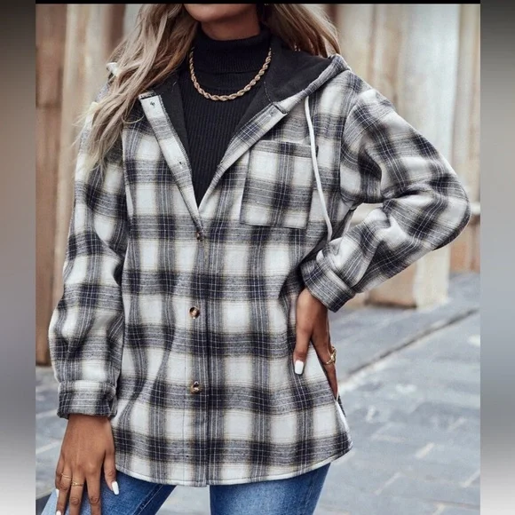 SHEIN Plaid Button-Up Jacket with Hood - Picture 2 of 8